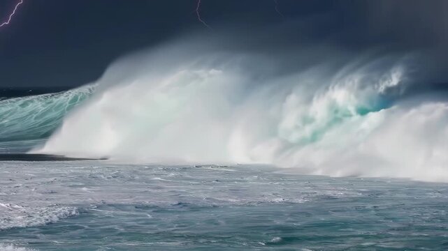 The sea surface under the flashes of lightning and the rumble of thunder