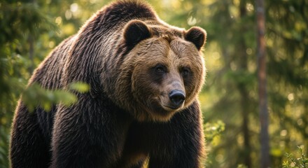 A majestic brown bear peers from the forest, its fur catching the sunlight in a gigapixel image.