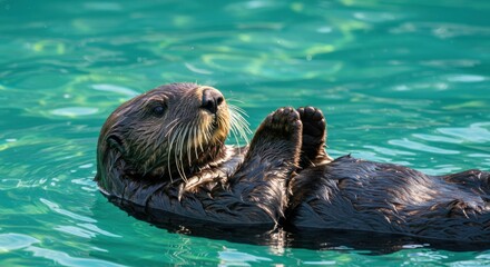 A relaxed sea otter floats on its back in bright turquoise water, holding its paws at its chest.