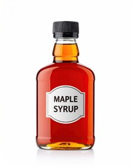 Glass bottle of amber syrup with label