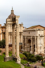 Picture of the Temple of Castor and Pollux and the Temple of Concord in the famous Roman Forum. The Palatine Hill, Rome, Italy.
