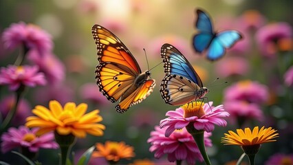 Obraz premium Vibrant butterflies flutter among colorful flowers, creating a sense of joy and natural beauty.