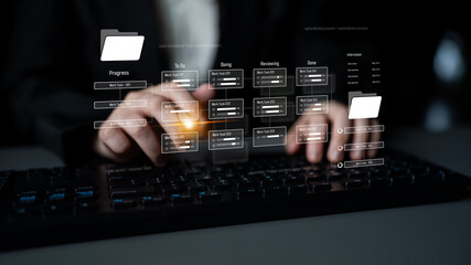 Project management system showing workflow stages, task progress, and review status. Task progress...