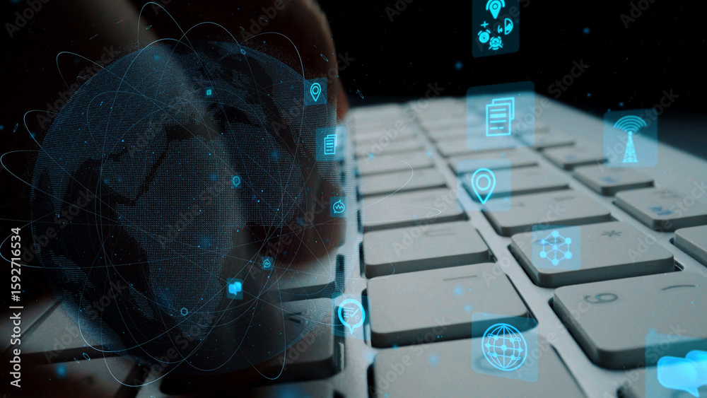 Poster a close-up view of hands typing on a keyboard with floating digital icons and a globe overlay, illus