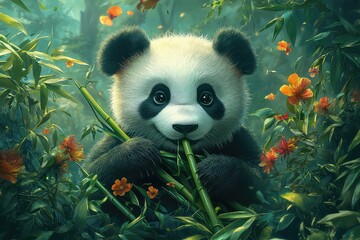 Obraz premium A cheerful panda munching on bamboo, surrounded by lush greenery and colorful flowers