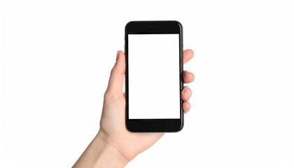 Hand holding a black smartphone with blank screen