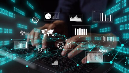 Engaging image of hands typing on a digital keyboard overlaid with graphs and charts, symbolizing data analysis and technology in modern business environments. Xenic