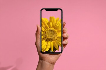 Hand holding smartphone displaying sunflower image against a pink background