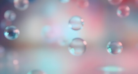 Transparent bubbles floating against a blurry pink and blue backdrop creating a dreamy atmospheric visual with depth of field and soft lighting effects.