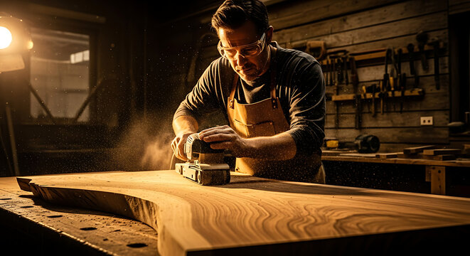 Carpenter Sanding Wooden Slab with Electric Sander in Workshop