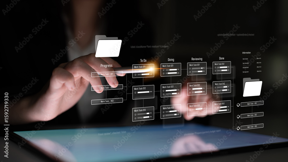 Poster project management system showing workflow stages, task progress, and review status. task progress t
