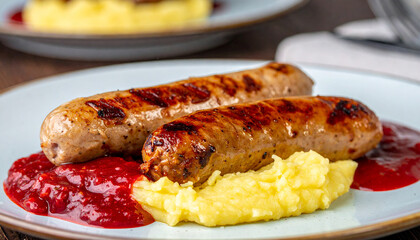 Creamy mashed potato with grilled sausages and savory red sauce. Tasty food. Delicious meal.