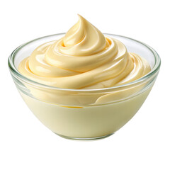 Creamy yellow mayonnaise swirled elegantly in a clear glass bowl isolated on transparent background