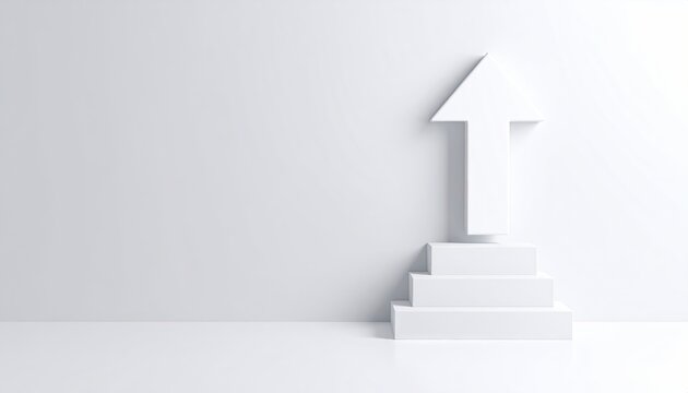 White arrow on steps in a white room