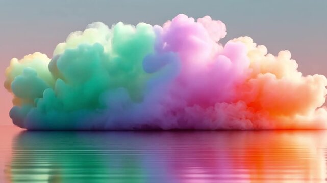 Colorful Cloud Reflection: A vibrant and whimsical cloud formation, displaying a spectrum of bright colors, is mirrored on a smooth, reflective surface.