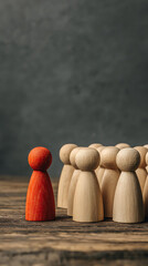 Distinctive crimson figure stands out amongst neutral wooden companions wooden figures group