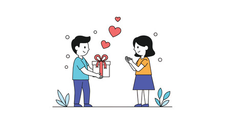 Boy gives a surprise gift to a girl who accepts it with happiness and love