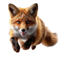 Fototapeta premium Red fox leaps joyfully in a dynamic action pose against a white background during daylight