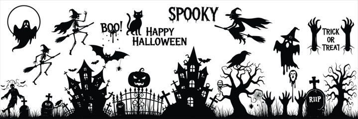 Halloween haunted house silhouette with bats and pumpkins. A big bundle of halloween haunted house silhouette set. vector illustration perfect for halloween project.Collection of halloween bats eps 10
