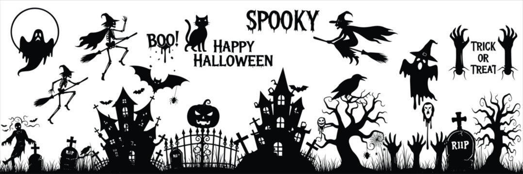 Halloween haunted house silhouette with bats and pumpkins. A big bundle of halloween haunted house silhouette set. vector illustration perfect for halloween project.Collection of halloween bats eps 10