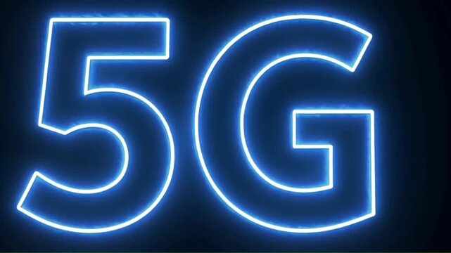 Neon blue 5G logo on a dark background
