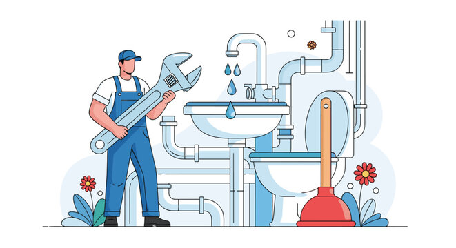Professional plumber fixing sink pipes and fixtures with tools and equipment illustration