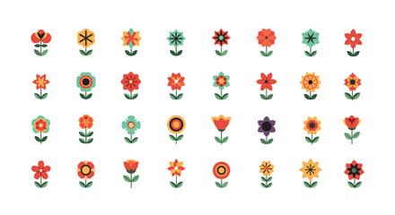 A collection of forty-five decorative floral icons featuring varied stylized designs and vibrant colors