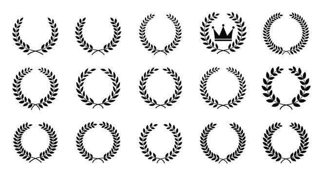 Collection of decorative laurel wreaths and a crown emblem for awards recognition and celebration