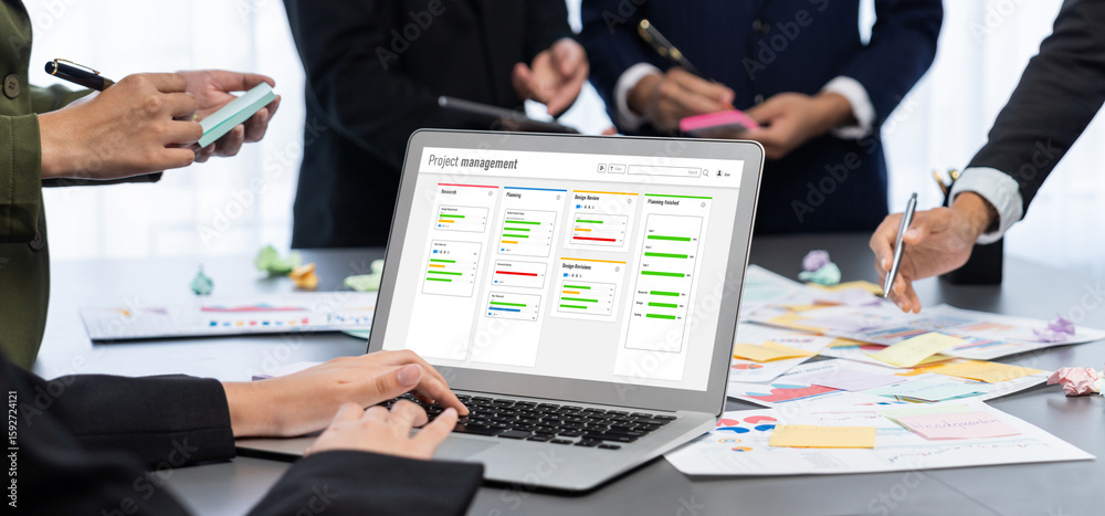 Poster analyst team use sticky note for creative and analytic brainstorm for business idea with bi data das