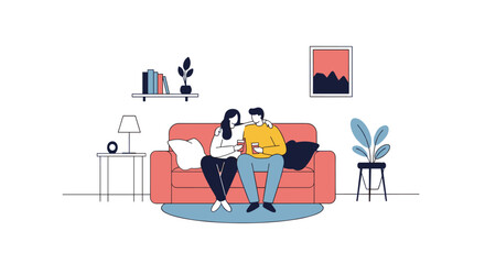 Obraz premium Cozy couple enjoying relaxing time together on sofa with devices indoors