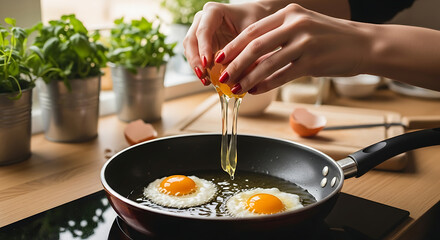 Cooking Eggs in Kitchen: Close-up of Cracking Process