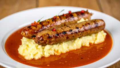 Creamy mashed potato with grilled sausages and savory red sauce. Tasty food. Delicious meal.
