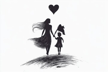 A mother and child walking together with a heart above them in silhouette
