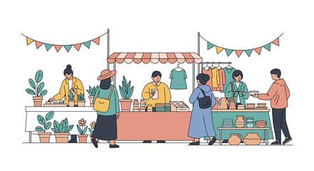 Vibrant outdoor market scene with diverse shoppers and artisans displaying goods