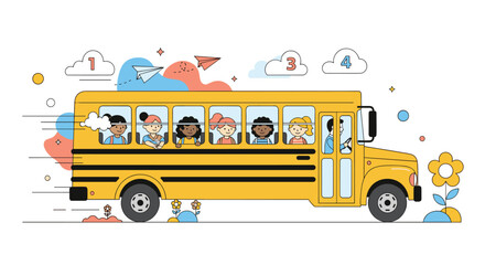 A yellow school bus carries diverse children to educational destinations on a sunny day