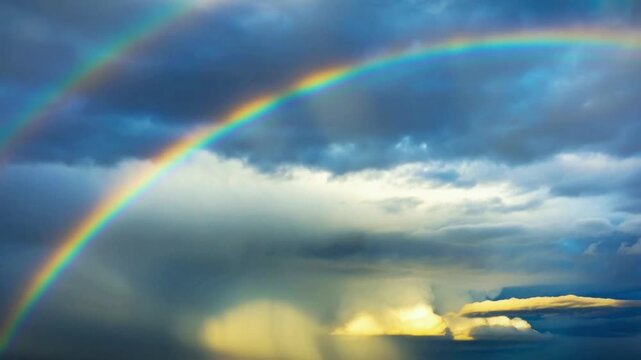 Vibrant double rainbow arcs across dramatic stormy sky with sunlit clouds and rain shafts