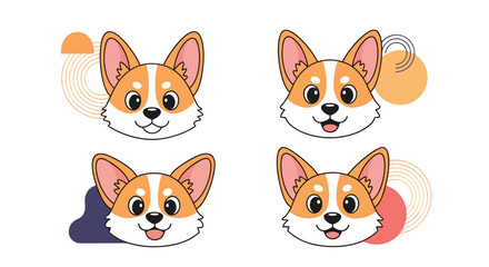 Fototapeta premium Adorable corgi dog faces with playful abstract shapes for fun animal designs