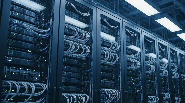 Rows of server racks filled with cables and equipment in a data center, illuminated by overhead lights.