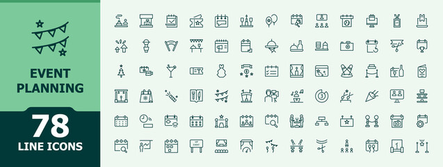 Event Planning vector icon set. Minimal linear icons. Pixel perfect. Vector illustration. Party linear icon collection. Contain linear symbols event, meeting, plan, celebration, wedding and more.