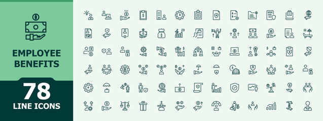 Employee Benefits line icon set. Contains such symbols as sick, benefit, employment, personal, development, holiday and more. Corporate line icon set. Minimalist icons pack. Vector illustration.