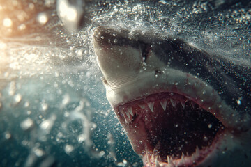 Fototapeta premium Great white shark with mouth open showing sharp teeth while swimming.