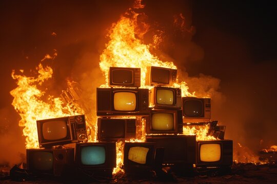 Massive flames consuming vintage televisions, casting dramatic shadows at night and symbolizing technological obsolescence through destructive visual metaphor