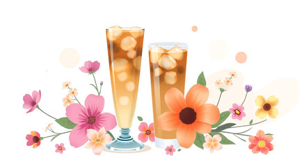 Illustration of two glasses of ice tea with flowers on a white background