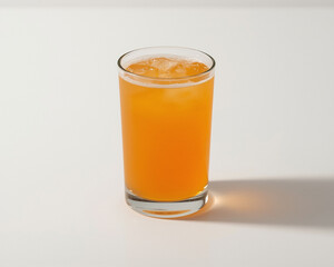 A clear glass filled with orange juice resting on a smooth white surface, highlighting its bright hue.