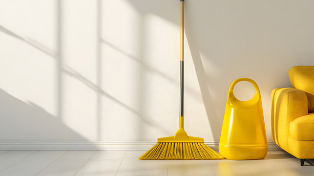 escoba y elementos de limpieza en una habitacion minimalista recargados en una pared iluminada por un ventanal con espacio de copia 