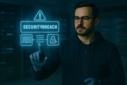 Man points to digital screen displaying security breach warning within a server room setting, indicating data threat.