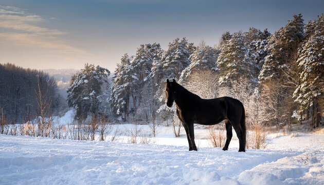 winter landscape with a majestic black horse - Powered by Adobe