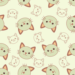 Obraz premium Seamless pattern of cute cartoon cat faces in soft pastel colors. Outlined and filled kitty heads on a light background. Ideal for kids' products, textiles, wallpaper, and stationery items