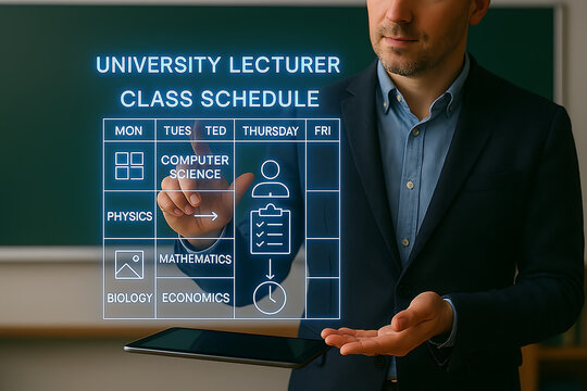 University lecturer presents class schedule with computer science, mathematics, physics, and biology subjects on a digital board.