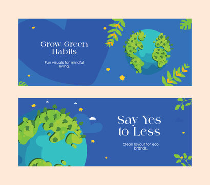 Eco-themed sale banner templates with playful Earth illustrations. Ideal for sustainability promotions, zero-waste product ads, eco campaigns, and mindful green living visuals.